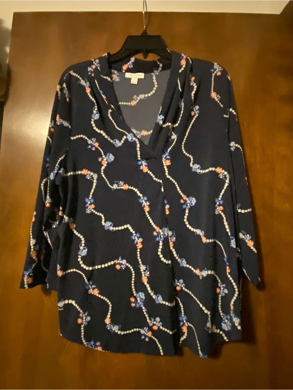 Women’s Navy Floral-Chain V-Neck Top